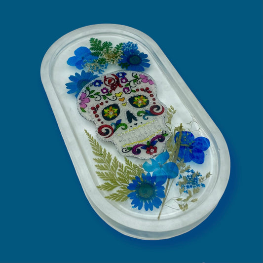 Blue Flower Sugar Skull Resin Tray